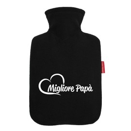 Huuraa Wärmflasche Migliore Papà Cuore Geschenk 1,8 Liter Black Classic Veloursbezug Migliore Papà Präsent