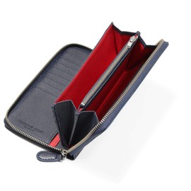 GROOVE GEAR ggs-1014 Men's Long Wallet, Saffiano Leather, Round Zipper, Holds 20 Cards, Large Capacity, Full Open, 180 Degree Open, navy/red