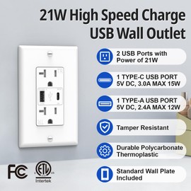 ThunderWay USB Charger Wall Outlet, USB Receptacle with Type A & Type C USB Ports, 20 Amp Tamper Resistant Receptacle Plug, Wall Plate Included, ETL Listed, White, 1 Pack