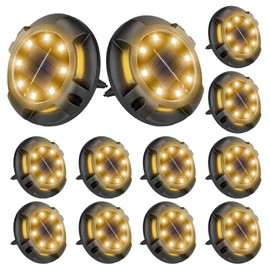 Fohil 12 Pack Solar Ground Lights Outdoor,12 LEDs Solar Disk Lights Waterproof In-ground Lights for Pathway Lawn Yard Patio Walkway Driveway Deck Garden Decor Warm White