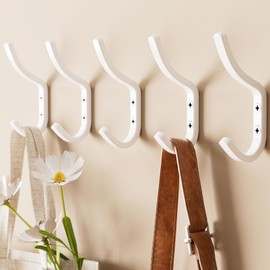 GWAAZXGZ Wall Hooks for Hanging Coat - 5 Pack White Arc Double Hooks, Sturdy Metal Matte Finish, Organize Coats, Hats, Bags in Entryway, Closet, Bedroom