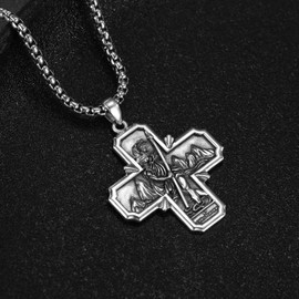 DOTBJ 925 Sterling Silver St Christopher Cross Pendant, Catholic Patron Saint Christopher Necklace with Stainless Steel Chain 20"+2"