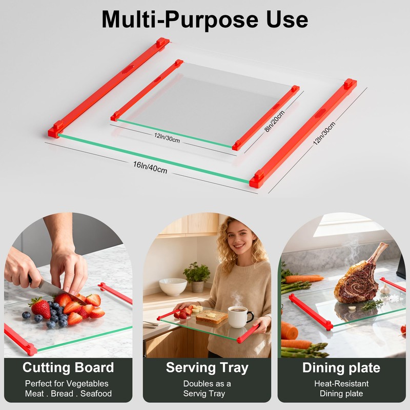 2PCS Glass Cutting Board with Silicone Grip, 80% Stronger Shatter