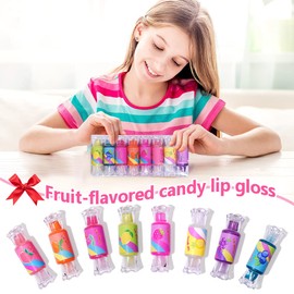 Mebtmel Cute Lip Gloss for Kids, 6PCS Glitter Girls Lip Gloss Set with Shape of Candy, Assorted Flavors Hydrating Lip Balm Party Favor Make-up for Girls and Teens Ages 8-12
