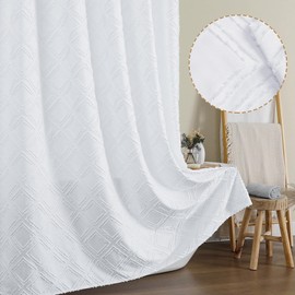OWENIE Extra Long 96 Inch White Shower Curtains, Boho Fabric Shower Curtain Grommet Top With 12 Hooks, Elegant Modern Jacquard Geometric Design Textured Shower Curtain for Bathroom, White, 72"W x 96"L