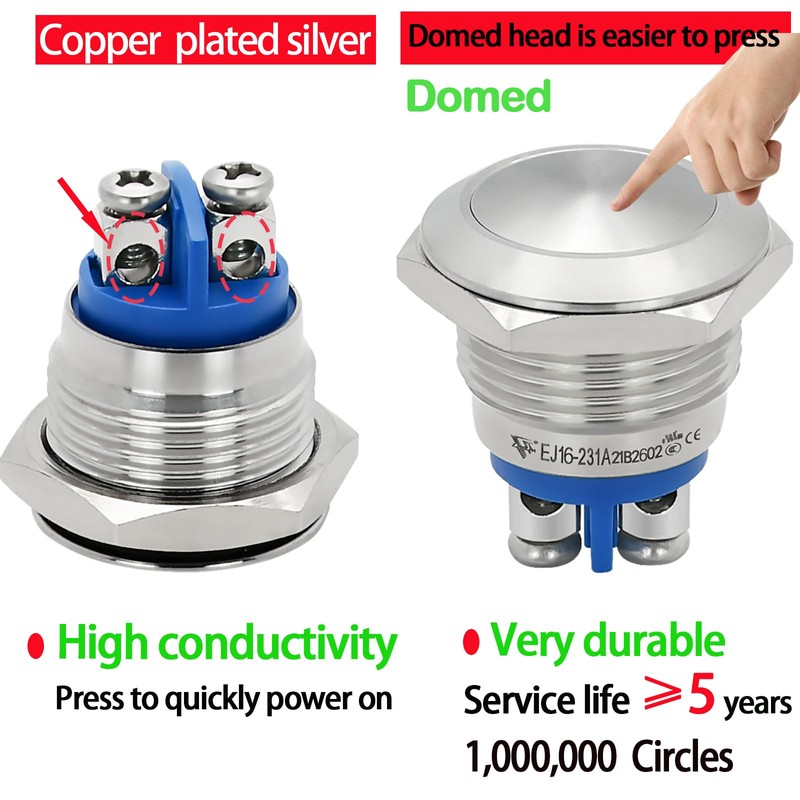 3PCS 16mm Momentary Push Button Switch Waterproof IP67 0.63" Domed