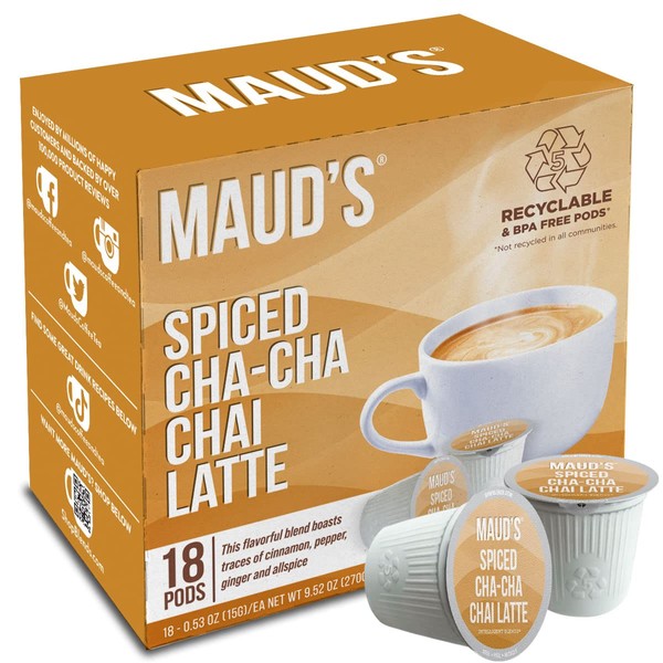 Maud's Chai Tea Latte (Spiced Cha-Cha-Chai Latte), 18ct. Solar Energy Produced Recyclable Single Serve Flavored Chai Tea Latte Pods – 100% Tea Leaves California Blended, KCup Compatible