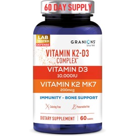 Granions 10,000IU Vitamin D3 K2 MK7 Complex - 250mcg MK-7 Vitamin K2 D3 Supplement - Vitamins, Coloring, Preservative Free Immune Support, Bone Health Supplements VIT D K - 60 One-a-Day Tablets