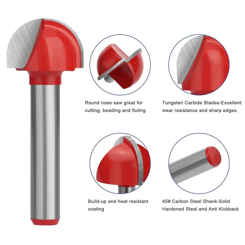 8pcs 1/4" Shank Cove Core Box Router Bit Set, Round