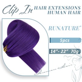 RUNATURE Clip in Hair Extensions Purple Clip in Human Hair Full Head Purple Hair Extensions Real Human Hair Clip Ins Party Highlight Colored Hair Extension 14 Inch 70g/5pcs