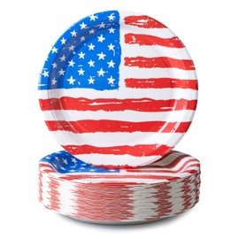 Confettiville 4th of July Paper Plates, 50-Pack Fourth of July Disposable Party Paper Plates with Hand Drawn USA Flag Design, 9-Inch
