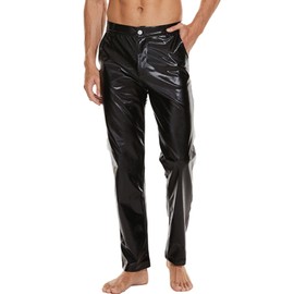 Mens Metallic Shiny Disco Pants, Wet Look Party Dance Straight Leg Trousers, 70s/80s Festival Rave Cosplay Leather Pants (Black, L)