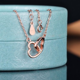 Yumilok Roségold 925 Sterling Silber Ineinander Verschlungene Herzen Anhänger Halskette Kette mit Verstellbarem Anhänger Y-Kette für Damen Mädchen