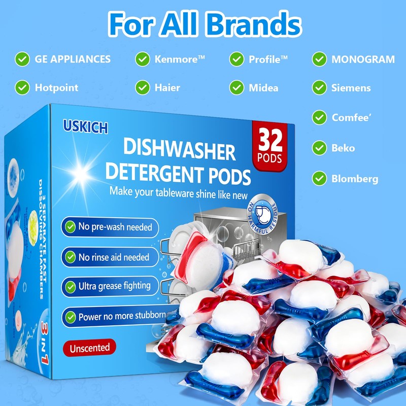 32 Count Dishwasher Pods, No Pre-Rinse Dishwasher Detergent Soap On