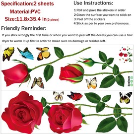 Dechom Romantic Red Rose Flower Wall Stickers Butterfly Floral Wall Decals DIY Wall Art Murals for Girls Woman Wedding Room Bedroom Bedside Backdrop Decorations