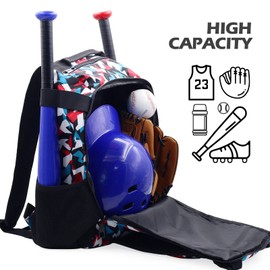 ZOEA Baseball Bat Bag Backpack, T-Ball & Softball Equipment & Gear for Youth, Large Capacity Holds 2 Bats, Helmet, Gloves, Cleats, Helmet Holder and Includes Fence Hook (Camouflage Red)