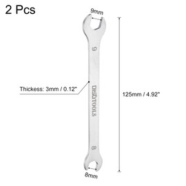 sourcing map 2pcs Thin Open End Wrench 8mm x 9mm Metric Sandblasting Plated 3cr13 Stainless Steel, Double Ended Slim Spanner for Household Maintenance and General Repairs