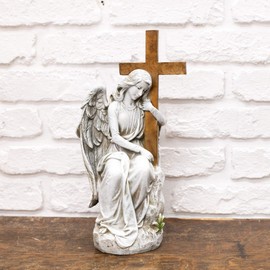 Joseph's Studio by Roman - Collection, 13" H Angel W/Cross On Stone, Made from Resin, High Level of Craftsmanship and Attention to Detail, Durable and Long Lasting