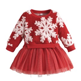 Bonangber Toddler Girl Christmas Outfit Girls Christmas Dress Long Sleeve Sweatshirt Pullover Tulle Dress Fall Winter Outfit(A-Red Snowflake,2-3T)