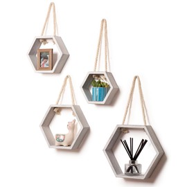 Dual Purpose Floating or Hanging Hexagon Shelves - Washed White Set of 4 Hexagon Shelves for Wall - Farmhouse Floating Shelves for Wall - Honeycomb Shelves - Rope Hanging Shelves - Hexagon Wall Decor