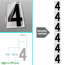 iSYFIX Black Vinyl Number 4 (Four) Stickers - 6 Pack 6 inch - Premium Decal, Reflective Background, Pre-Spaced for Mailbox, Signs, Window, Door, Car, Truck, Home, Business, Address, Indoor & Outdoor