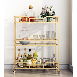 LORMITER Square Gold Bar Carts with 3 Tier Storage Glass Shelves Holder Home Serving Bar Carts on Wheels for Kitchen, Bar, Dinning Room