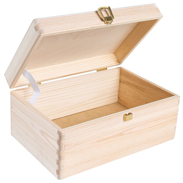 Creative Deco Large Wooden Box with Lid and Lock | 30 x 20 x 14 cm (+/-1) | Document Storage Box Tools Storage Box Unpainted Storage Box for Decorating | RUVID and Unpolished
