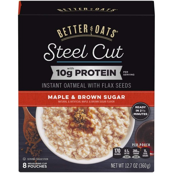 Better Oats Steel Cut Maple & Brown Sugar High Protein Instant Oatmeal with Flax Seeds, 12.7 Ounce (Pack of 6)