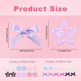Krijuess 12 Pcs Mini Bow Hair Clips and 12 Pcs Star Hair Clips, Y2k Hair Accessories, Non-Slip Metal Snap Hair Clips, Coquette Hair Accessories for Women Girls