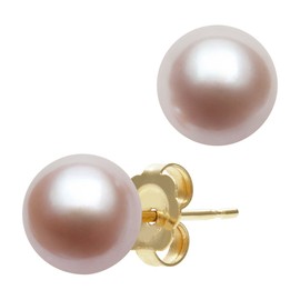 14K Yellow Gold Pink 9.0-9.5mm Genuine Cultured Freshwater Pearl Stud Earrings