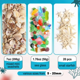HAPYSHOOP HAPYSHOOP Tiny Sea Shells for Crafting,7 Ounces Mixed Mini Seashells with Sea Glass 20 Pcs Starfish for Decorating,Small Shells for Craft,Beach Themed Party Wedding,Fish Tank Vase Filler