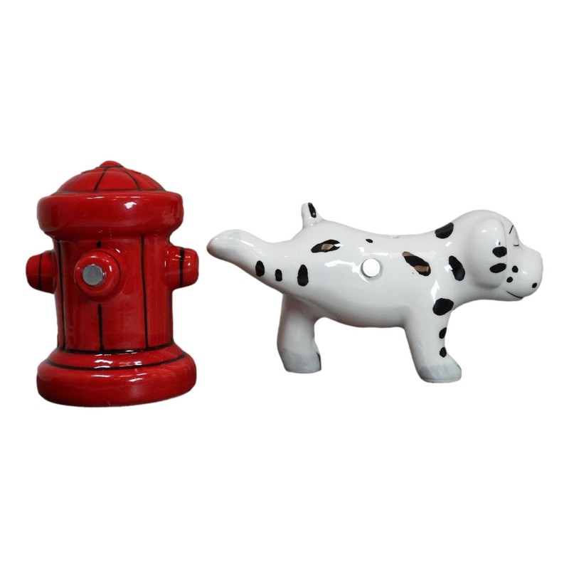 Peeing Dalmatian With Fire Hydrant Ceramic Salt Pepper Shaker Magnetic