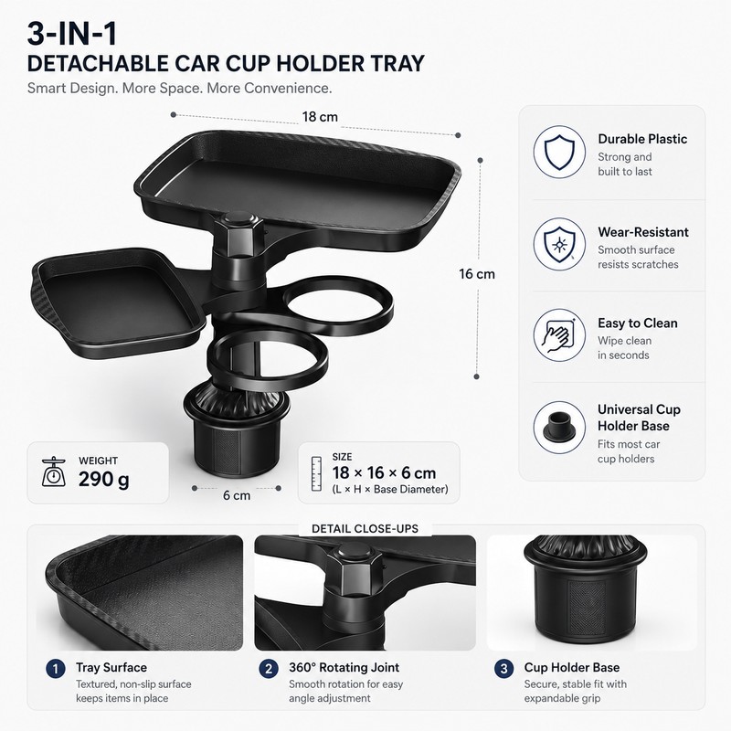 Car Cup Holder Tray for Road Trips – 360° Rotating