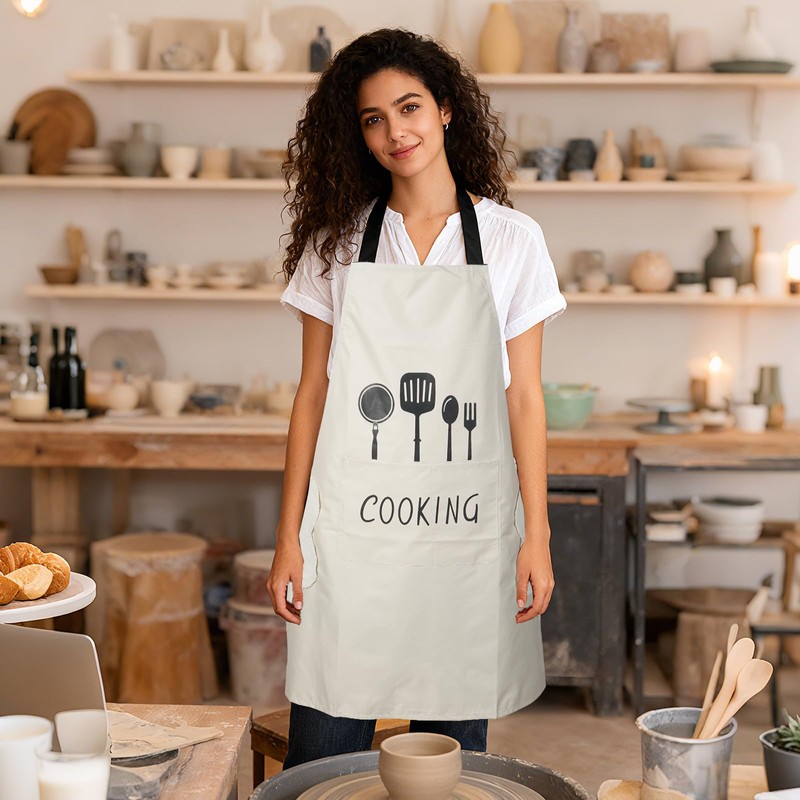 DILLMAN Women Kitchen Apron with Hand Wipe Pockets，Big Pocket,Hand-wiping, Waterproof