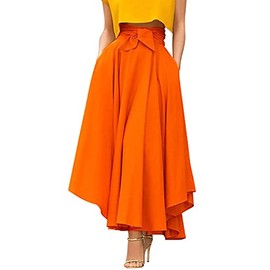Womens High Waisted Tummy Control Elegant Flowy Long Skirt Solid Color A-line Swing Maxi Skirt(UK 14/Tag XL) Orange