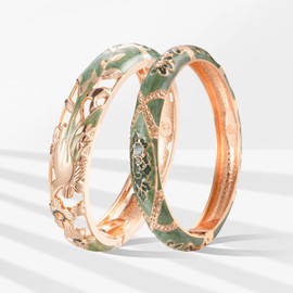 wynameleri Vintage Cloisonne Jewelry Gorgeous Rhinestone Handcrafted Bracelets Enamel Flower Bird Gold Hinged Cuff Bangles Gifts 88A31-55A128 Green