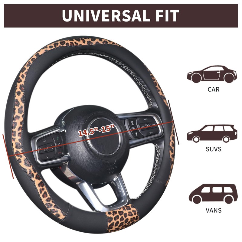 Leopard Steering Wheel Cover, Breathable Microfiber Leather Universal 14.5-15 inch
