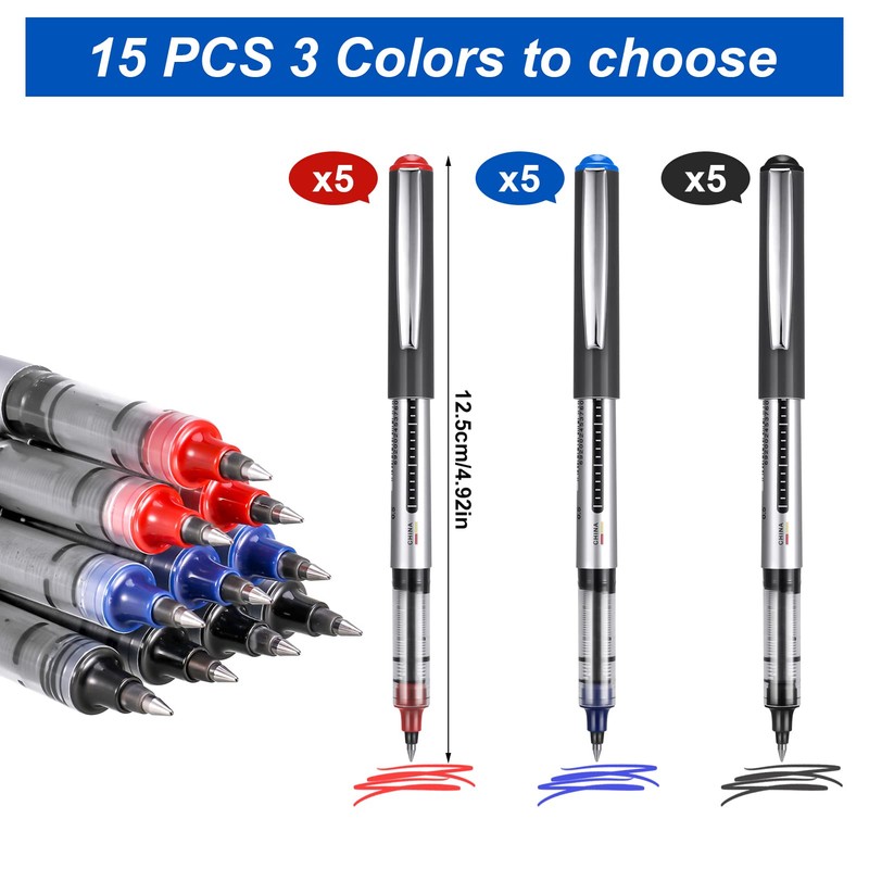 15 Pack Rollerball Pens, 0.5mm Liquid Ink Pens Gel Ink