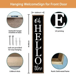 Oh Hello There Welcome Sign For Front Porch Standing 45"X9" Tall Wood Frame Outdoor Vertical Decor for Farmhouse Rustic Large Modern Home Outside Front Door Wall Decorations (Wood Black)