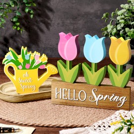 Jetec 5 Pcs Spring Summer Tiered Tray Decor Set Hello Spring Hello Summer Wooden Sign Sunglasses Tulip Wood Decor Table Decorations Centerpieces for Home Holiday Beach(Tulip)
