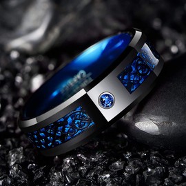 083BASE Mens Dragon Pattern Tungsten Ring 8mm Width Cubic Zirconia Inlay Available in Blue, Black and Red - Tungsten Carbide Ring for Men