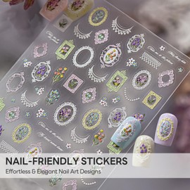 3D Embossed Self-Adhesive Nail Sticker Colorful Flowers Nail Art Decal with Vintage Picture Frames Designs Vintage Manicure Decoration Supplies Pegatinas Uñas for Women Finger Art