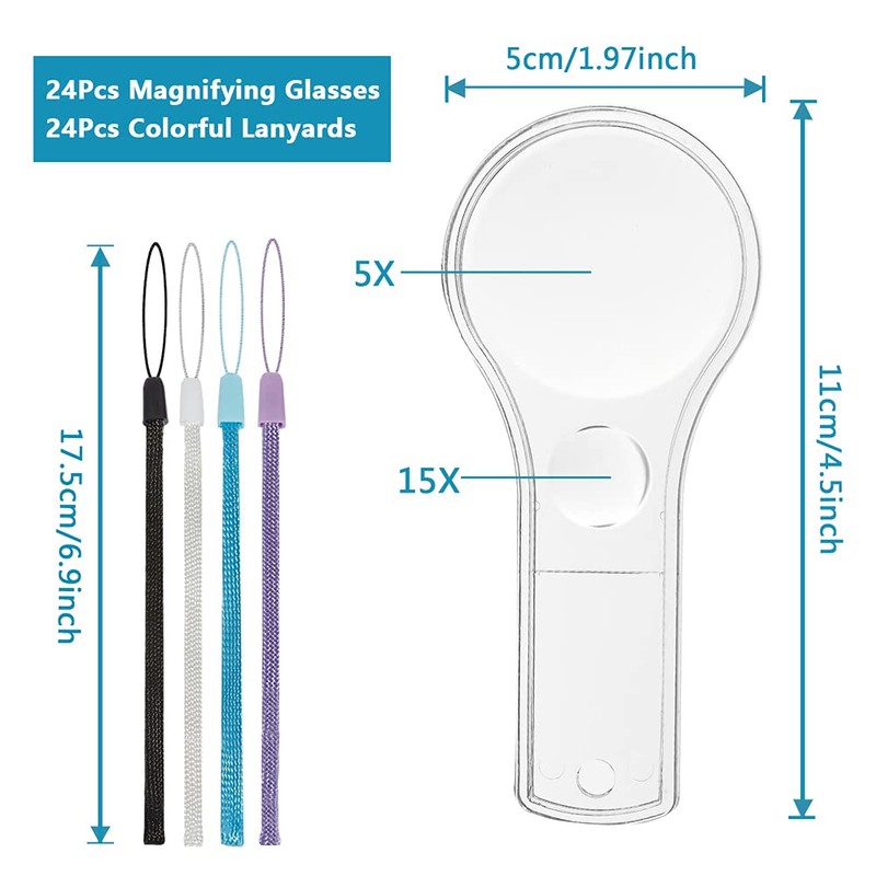 24 Pack Plastic Magnifier, Mini Magnifying Glass 5X and 15X