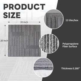 KUJIBGY Commercial Carpet Tiles 12PCS, 20'' x 20'' Heavy Duty Square Removable Carpet Floor Tile with Adhesive Stickers, Non-Slip Backing for Living Room, Bedroom, Home, Office Gray
