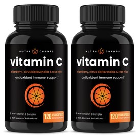NutraChamps (2 Pack) Vitamin C 1000mg with Elderberry, Citrus Bioflavonoids & Rose HIPS - 120 Capsules Vegan, Non-GMO Antioxidant Supplement for Immune Health & Collagen Production 500mg Powder Pills