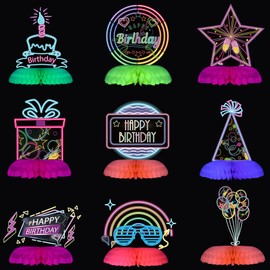 9 Pcs Glow Party Birthday Centerpieces Neon Birthday Decorations Fluorescent Birthday Table Decorations Colorful Neon Party Table Decoration Table Toppers Neon Birthday Party Supplies for Party Favors