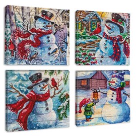 OTOSTAR 4 Pieces Christmas Wall Art Canvas Prints - Snowman Picture Painting - Modern Wall Artwork Framed for Gifts Bathroom Home Kitchen Office Christmas Decor - 12 x 12 Inch