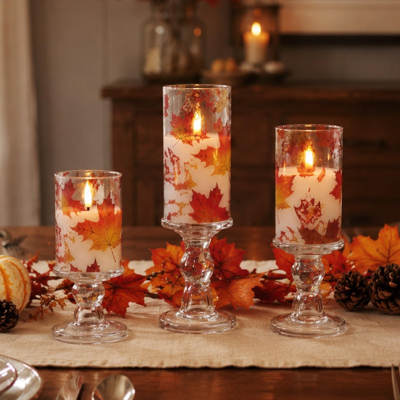 JOIONE Fall Flameless Glass Candles, 3 Pack Maple Leaf LED
