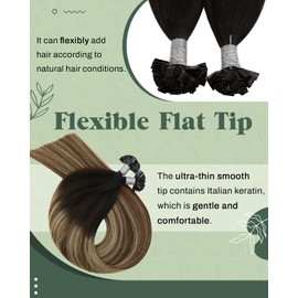 Ugeat Flat Tip Hair Extensions Human Hair Balayage Hot Fusion K Tip Hair Extensions Black Mix Dark Brown with Caramel Blonde Balayage Pre Bonded Flat Human Hair Extensions 14inch 50G