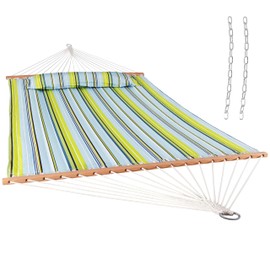 Sunnydaze Quilted Outdoor Hammock with Spreader Bars - Heavy-Duty 450-Pound Capacity Double Hammock for Outside - Blue and Green